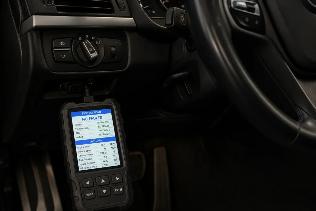 Scanner de diagnostic OBD2 connecté sous le tableau de bord d'une BMW