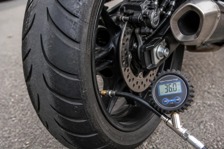 Contrôle de la pression du pneu arrière d'une moto avant un trajet en duo