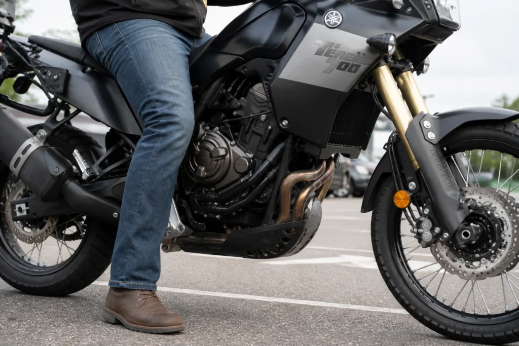 Pied posé au sol près de la selle et de la suspension d'une moto à l'arrêt