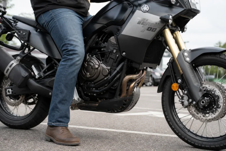 Pied posé au sol près de la selle et de la suspension d'une moto à l'arrêt