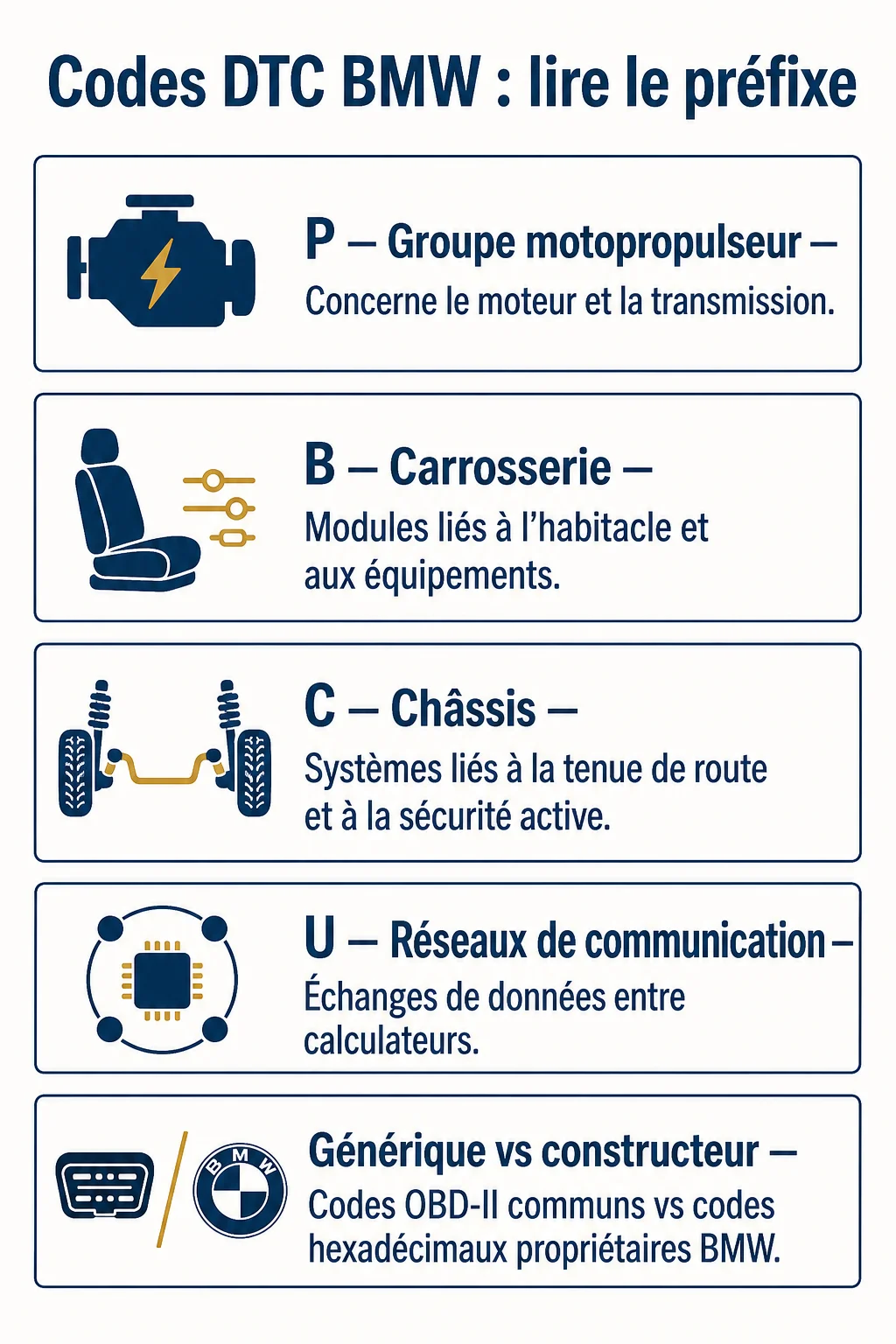Codes DTC BMW : lire le préfixe : P — Groupe motopropulseur, B — Carrosserie, C — Châssis, U — Réseaux de communication, Générique vs constructeur