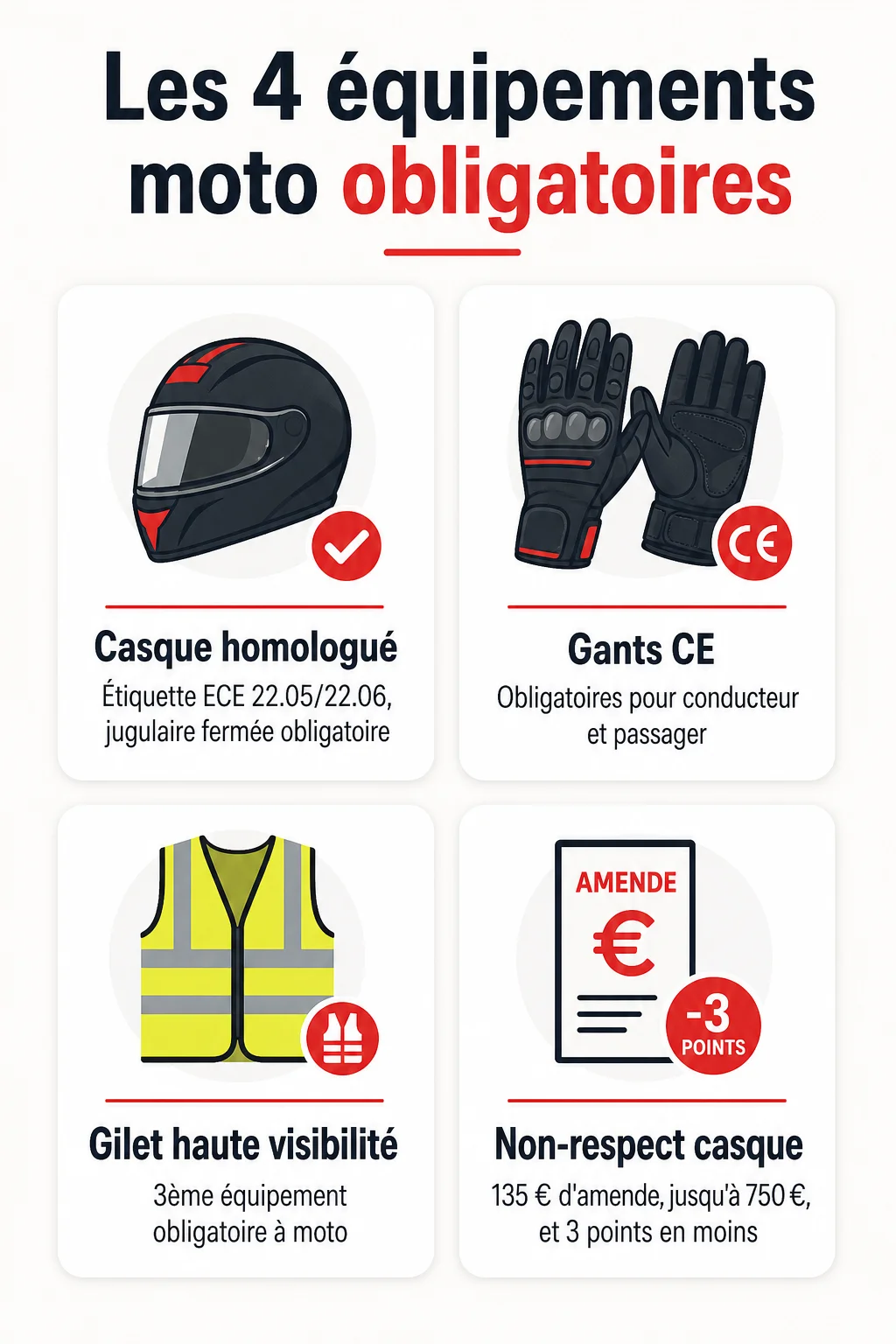 Les 4 équipements moto obligatoires : Casque homologué, Gants CE, Gilet haute visibilité, Non-respect casque