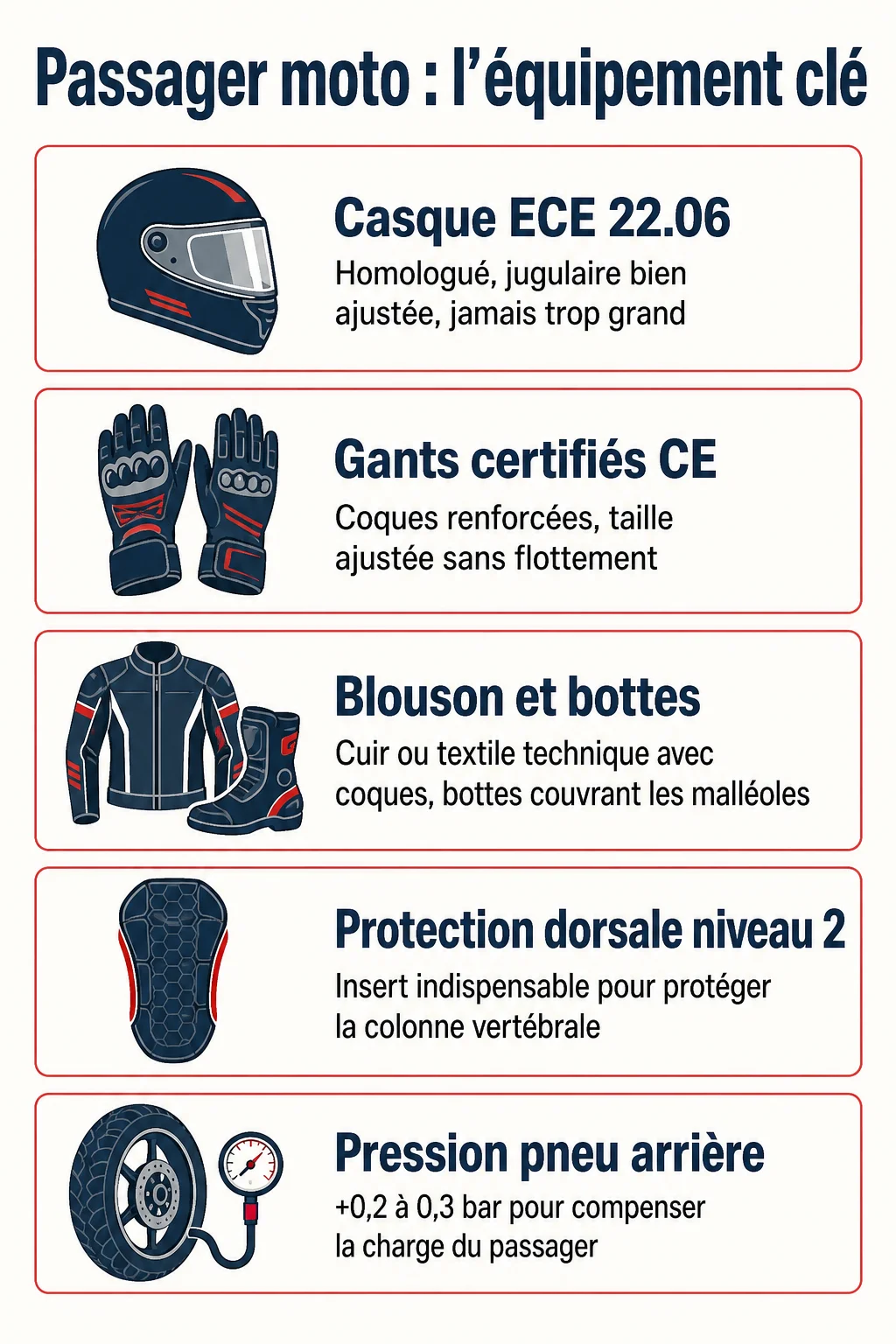Passager moto : l'équipement clé : Casque ECE 22.06, Gants certifiés CE, Blouson et bottes, Protection dorsale niveau 2, Pression pneu arrière
