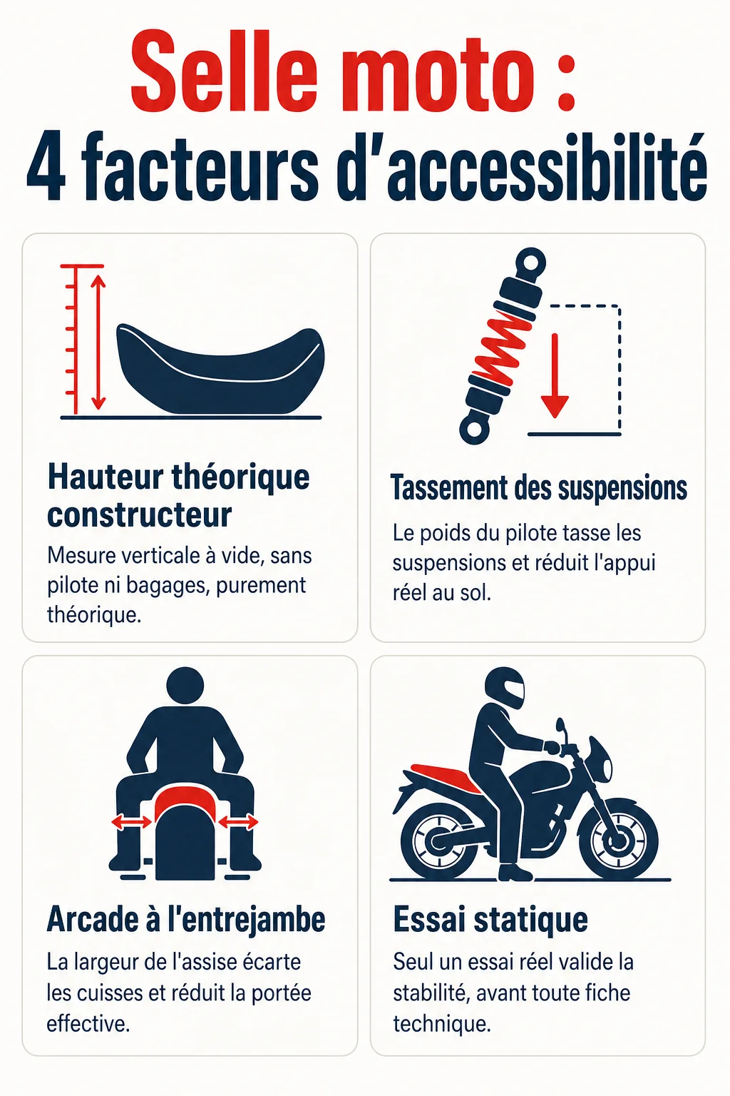 Selle moto : 4 facteurs d'accessibilité : Hauteur théorique constructeur, Tassement des suspensions, Arcade à l'entrejambe, Essai statique