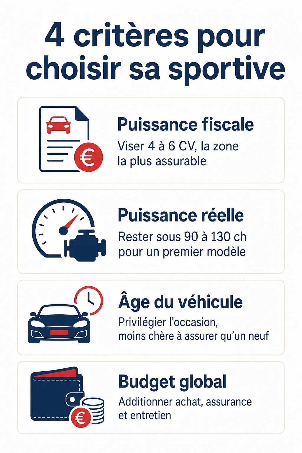 4 critères pour choisir sa sportive : Puissance fiscale, Puissance réelle, Âge du véhicule, Budget global