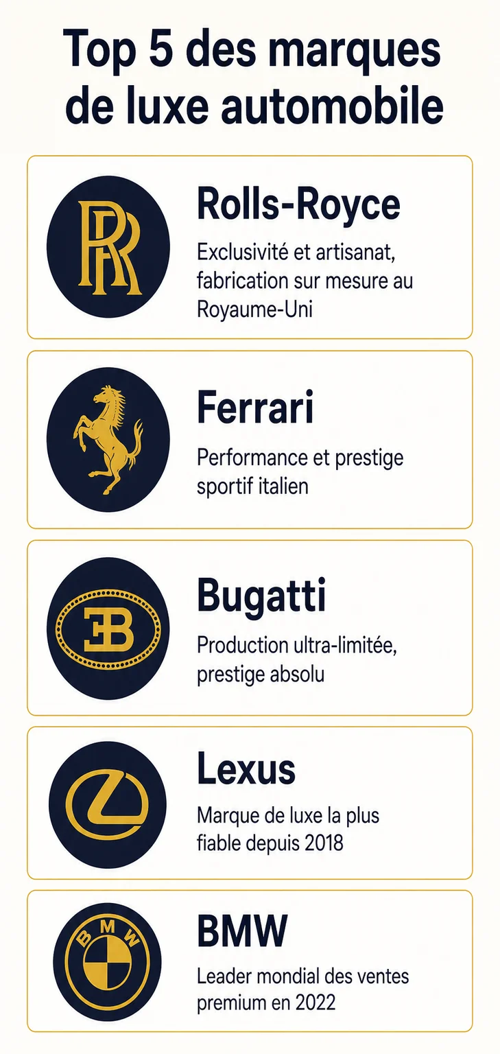 Top 5 des marques de luxe automobile : Rolls-Royce, Ferrari, Bugatti, Lexus, BMW