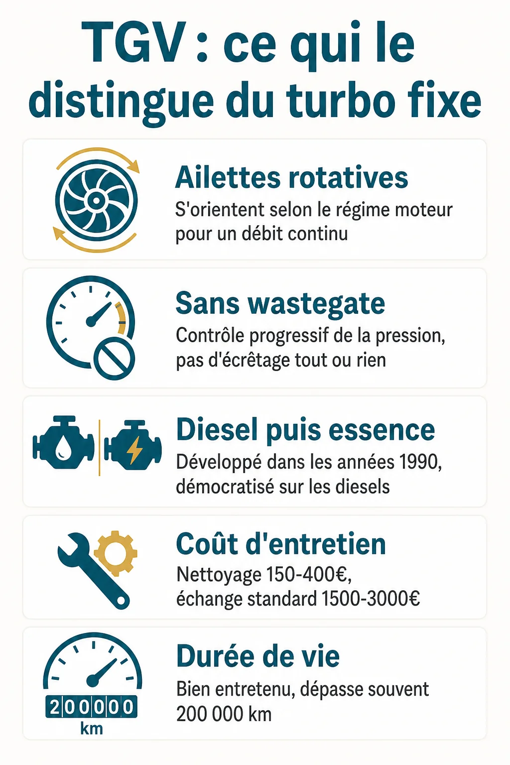 TGV : ce qui le distingue du turbo fixe : Ailettes rotatives, Sans wastegate, Diesel puis essence, Coût d'entretien, Durée de vie