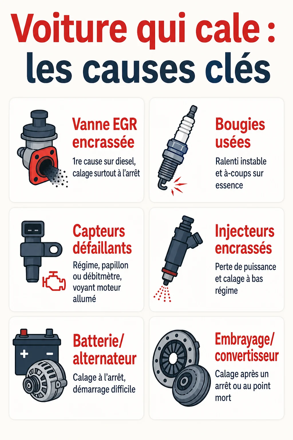 Voiture qui cale : les causes clés : Vanne EGR encrassée, Bougies usées, Capteurs défaillants, Injecteurs encrassés, Batterie/alternateur, Embrayage/convertisseur