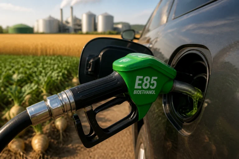 Pistolet de carburant vert bioéthanol E85 rempli dans un réservoir de voiture, champs de céréales en arrière-plan