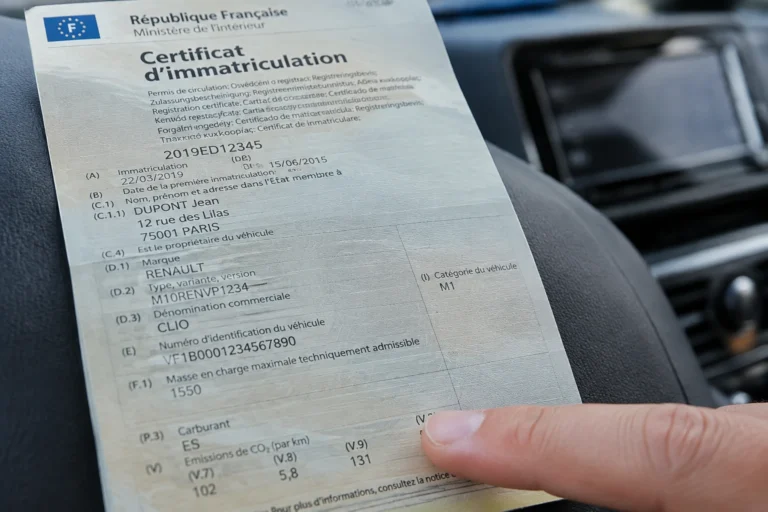 Gros plan sur le champ V7 d'une carte grise française indiquant le taux de CO2