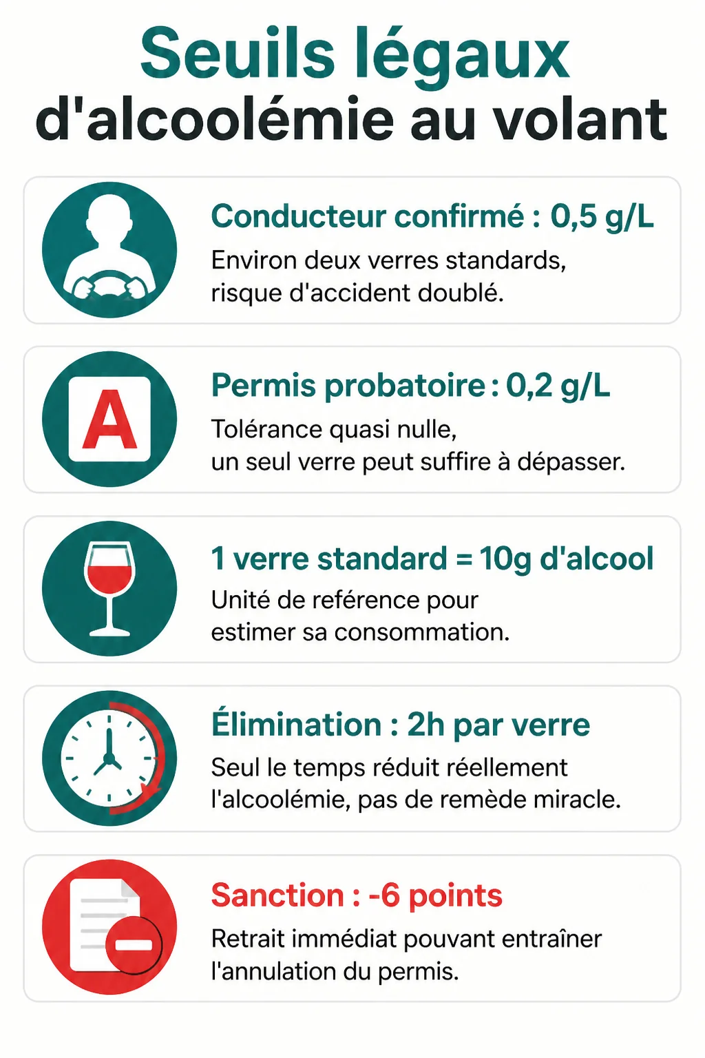 Seuils légaux d'alcoolémie au volant : Conducteur confirmé : 0,5 g/L, Permis probatoire : 0,2 g/L, 1 verre standard = 10g d'alcool, Élimination : 2h par verre, Sanction : -6 points