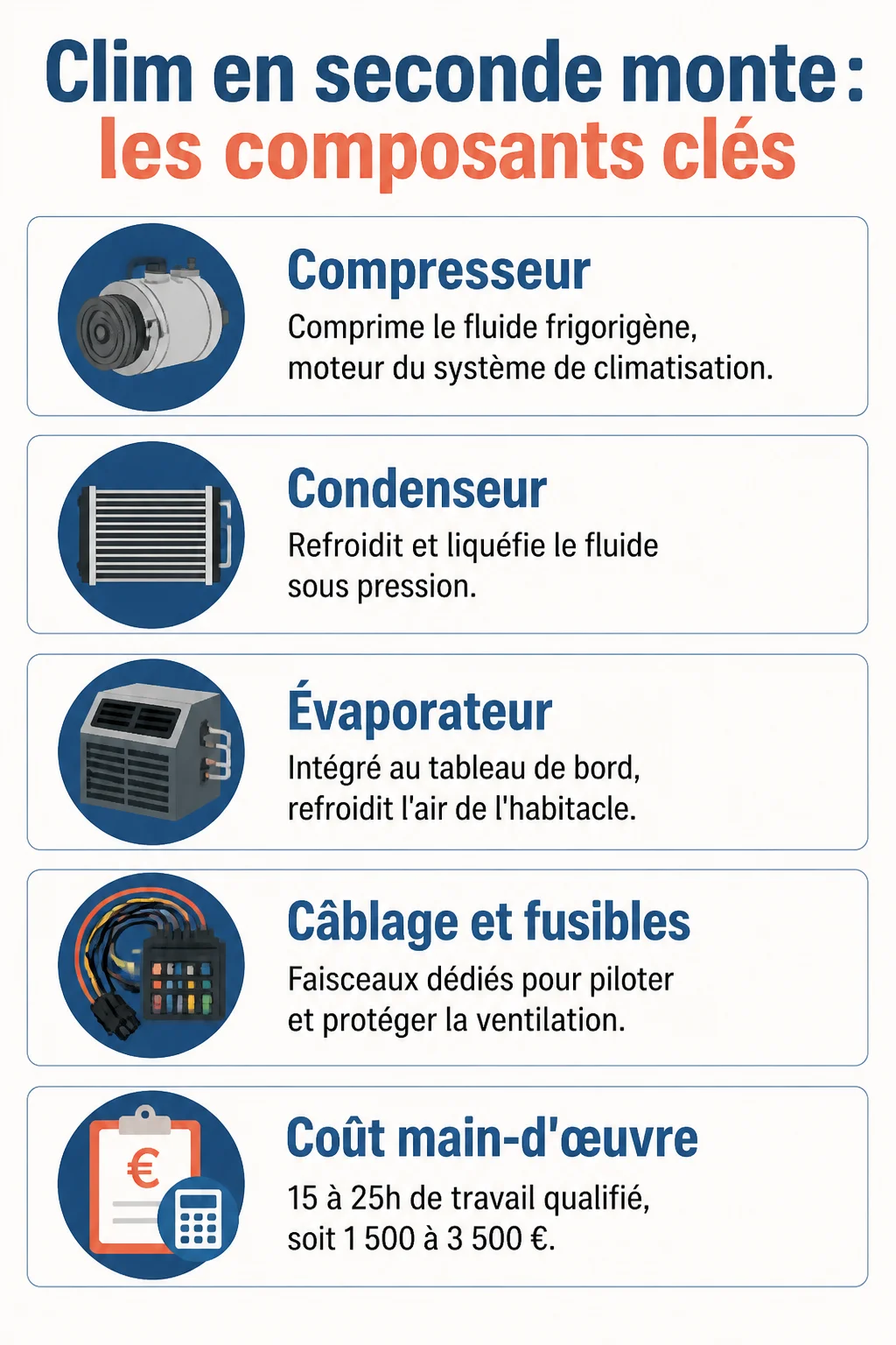 Clim en seconde monte : les composants clés : Compresseur, Condenseur, Évaporateur, Câblage et fusibles, Coût main-d'œuvre