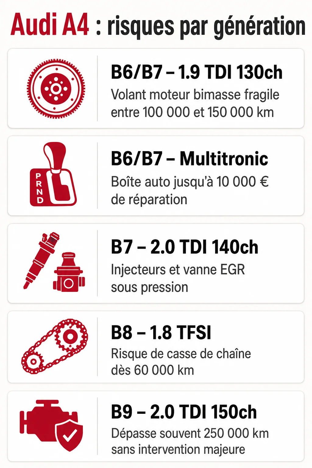 Audi A4 : risques par génération : B6/B7 – 1.9 TDI 130ch, B6/B7 – Multitronic, B7 – 2.0 TDI 140ch, B8 – 1.8 TFSI, B9 – 2.0 TDI 150ch