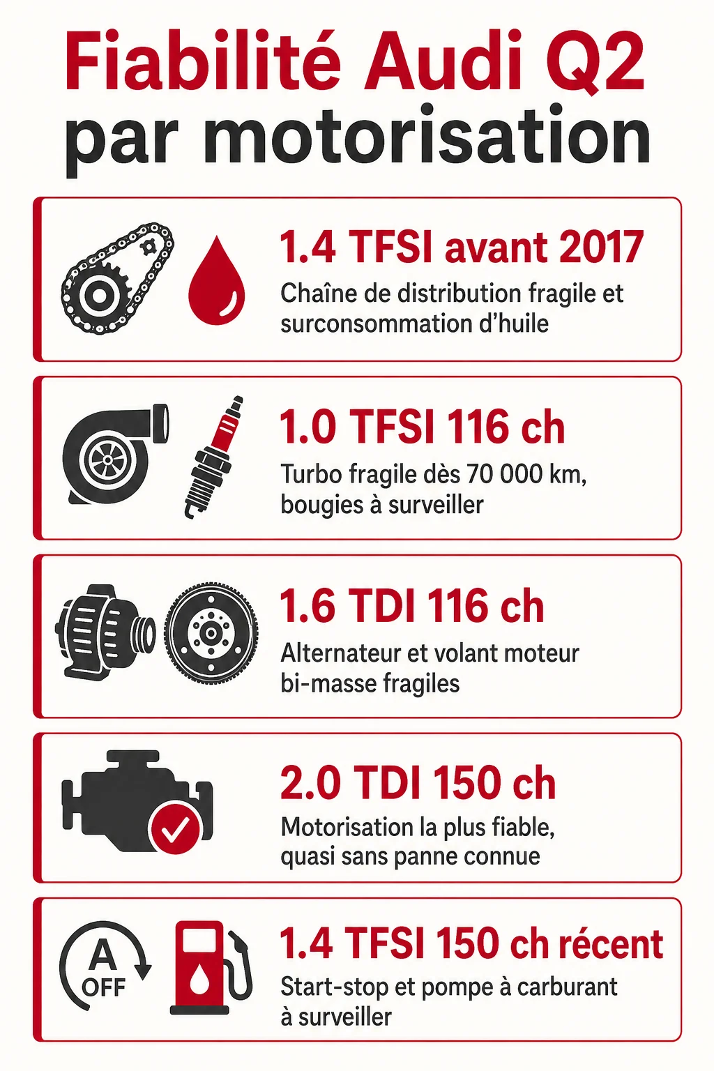 Fiabilité Audi Q2 par motorisation : 1.4 TFSI avant 2017, 1.0 TFSI 116 ch, 1.6 TDI 116 ch, 2.0 TDI 150 ch, 1.4 TFSI 150 ch récent