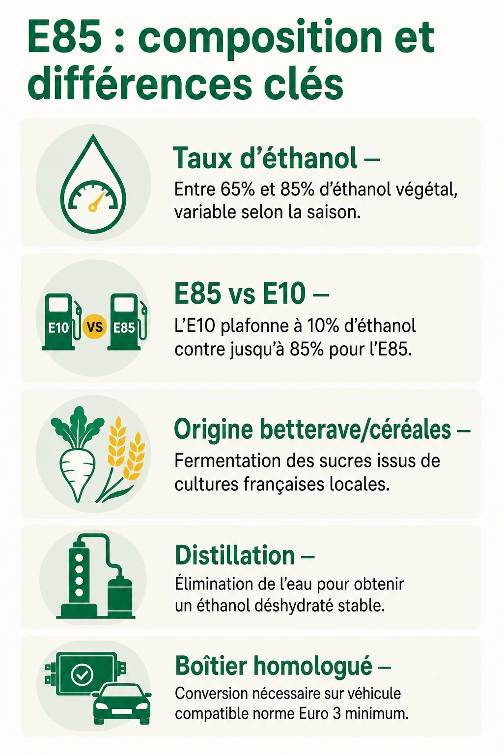E85 : composition et différences clés : Taux d'éthanol, E85 vs E10, Origine betterave/céréales, Distillation, Boîtier homologué