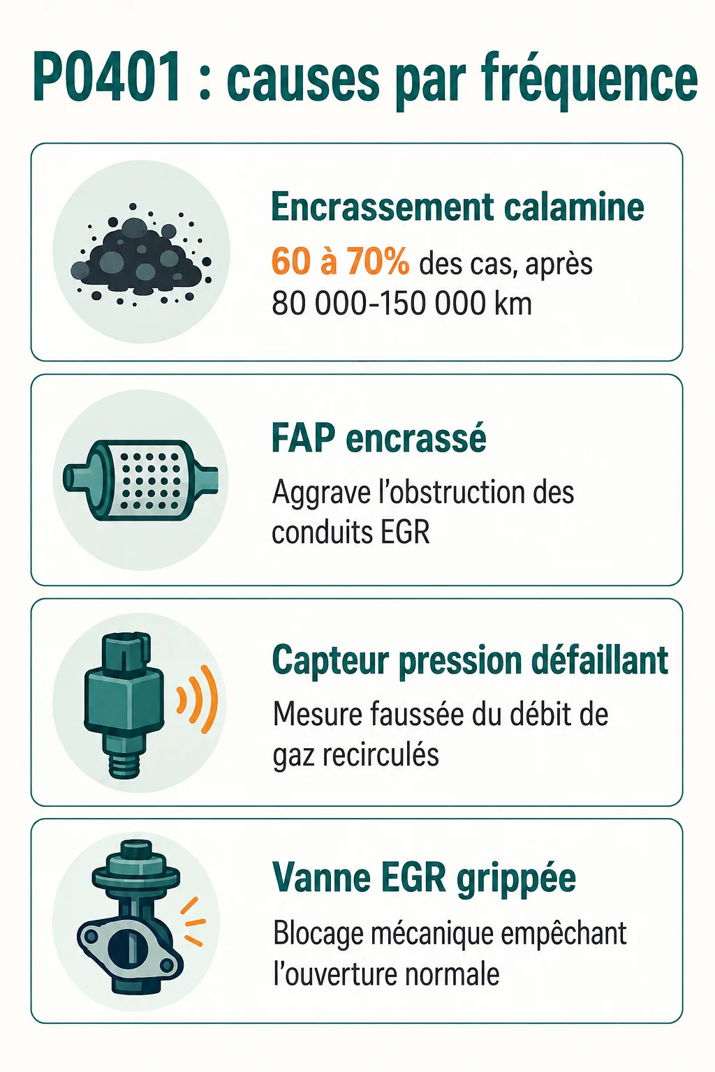 P0401 : causes par fréquence : Encrassement calamine, FAP encrassé, Capteur pression défaillant, Vanne EGR grippée