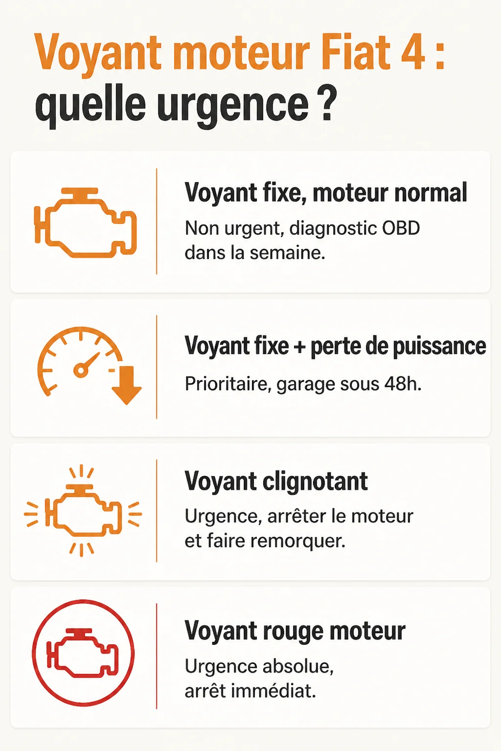 Voyant moteur Fiat 4 : quelle urgence ? : Voyant fixe, moteur normal, Voyant fixe + perte de puissance, Voyant clignotant, Voyant rouge moteur