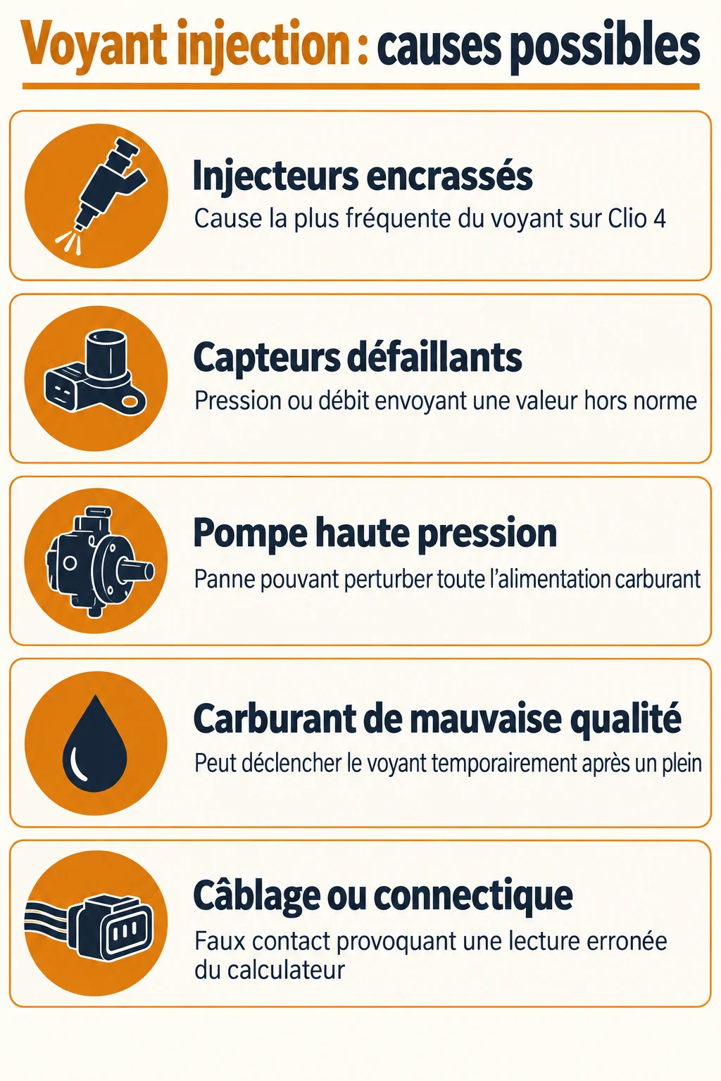 Voyant injection : causes possibles : Injecteurs encrassés, Capteurs défaillants, Pompe haute pression, Carburant de mauvaise qualité, Câblage ou connectique