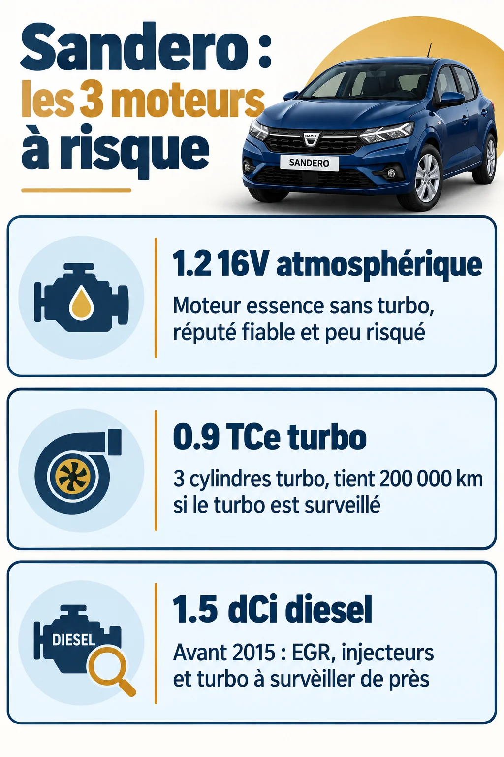 Sandero : les 3 moteurs à risque : 1.2 16V atmosphérique, 0.9 TCe turbo, 1.5 dCi diesel