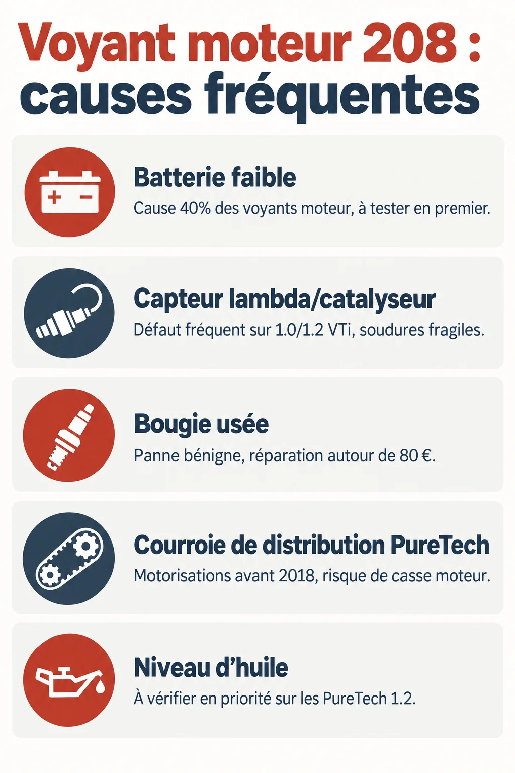 Voyant moteur 208 : causes fréquentes : Batterie faible, Capteur lambda/catalyseur, Bougie usée, Courroie de distribution PureTech, Niveau d'huile