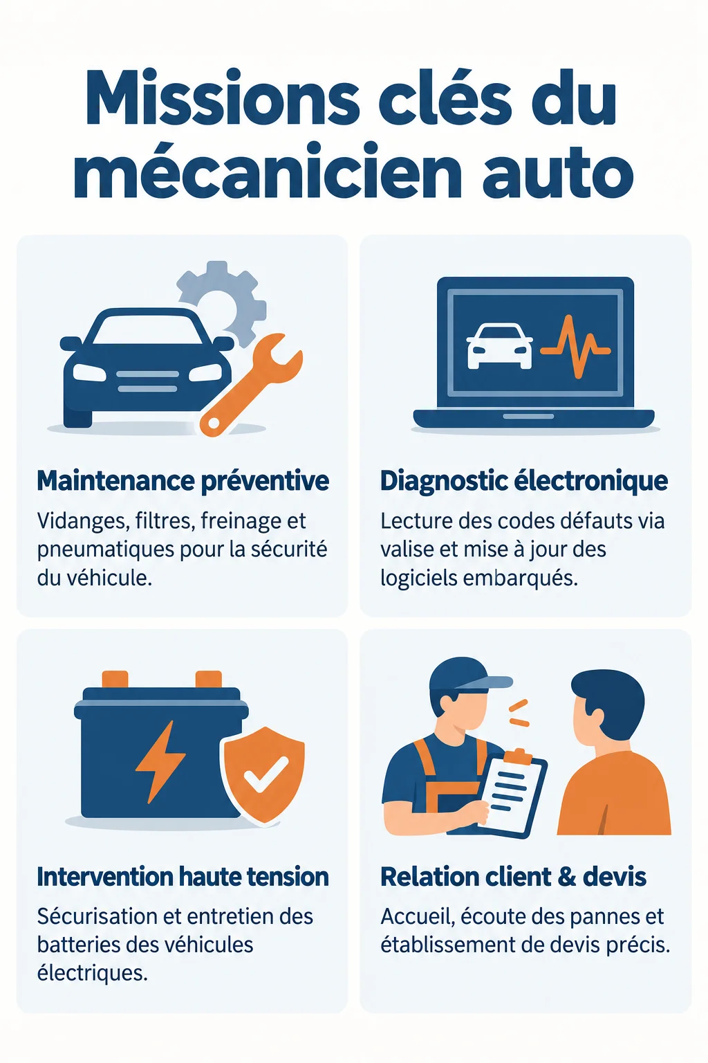 Missions clés du mécanicien auto : Maintenance préventive, Diagnostic électronique, Intervention haute tension, Relation client & devis