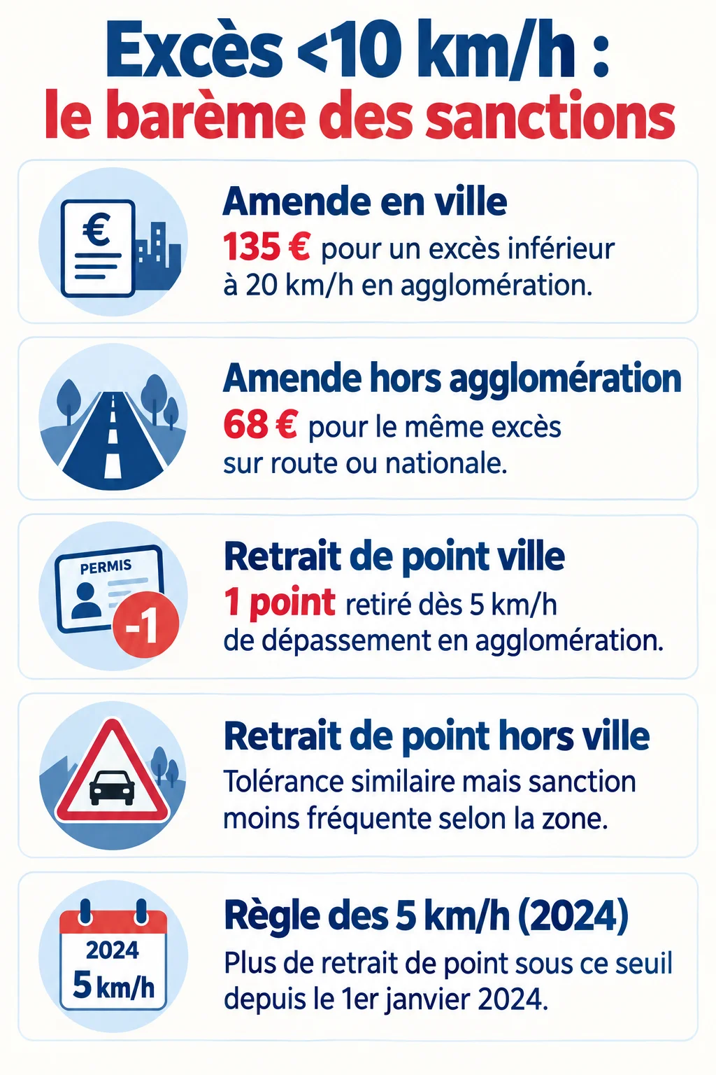 Excès <10 km/h : le barème des sanctions : Amende en ville, Amende hors agglomération, Retrait de point ville, Retrait de point hors ville, Règle des 5 km/h (2024)