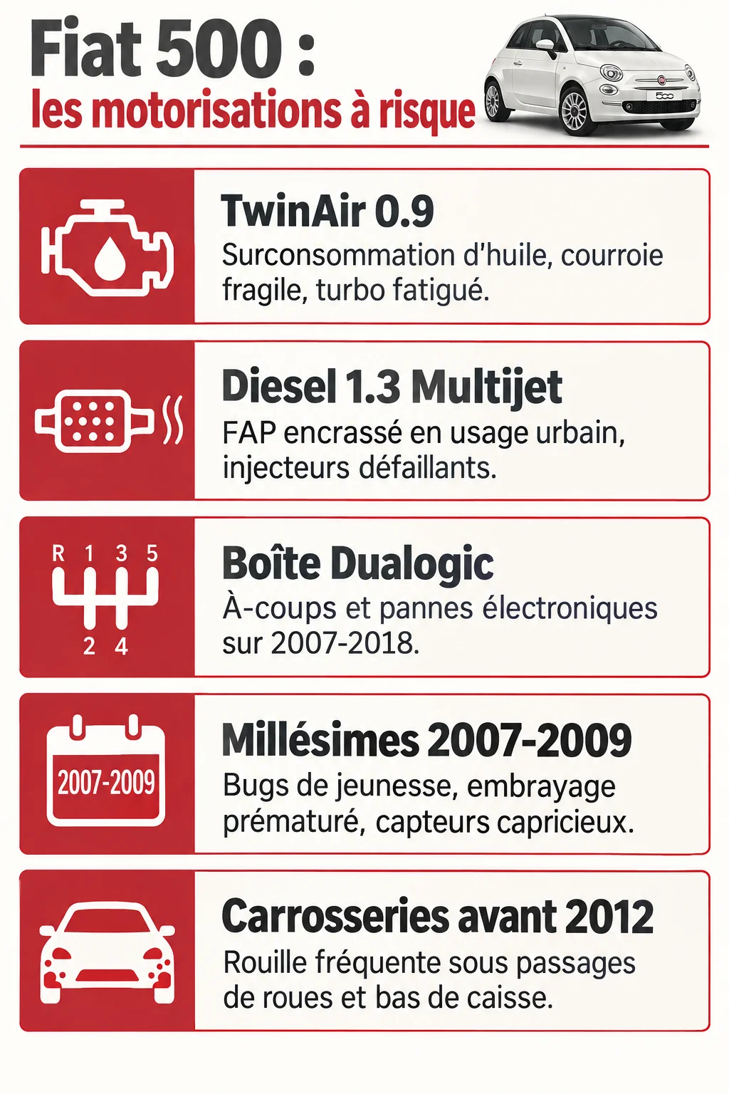 Fiat 500 : les motorisations à risque : TwinAir 0.9, Diesel 1.3 Multijet, Boîte Dualogic, Millésimes 2007-2009, Carrosseries avant 2012