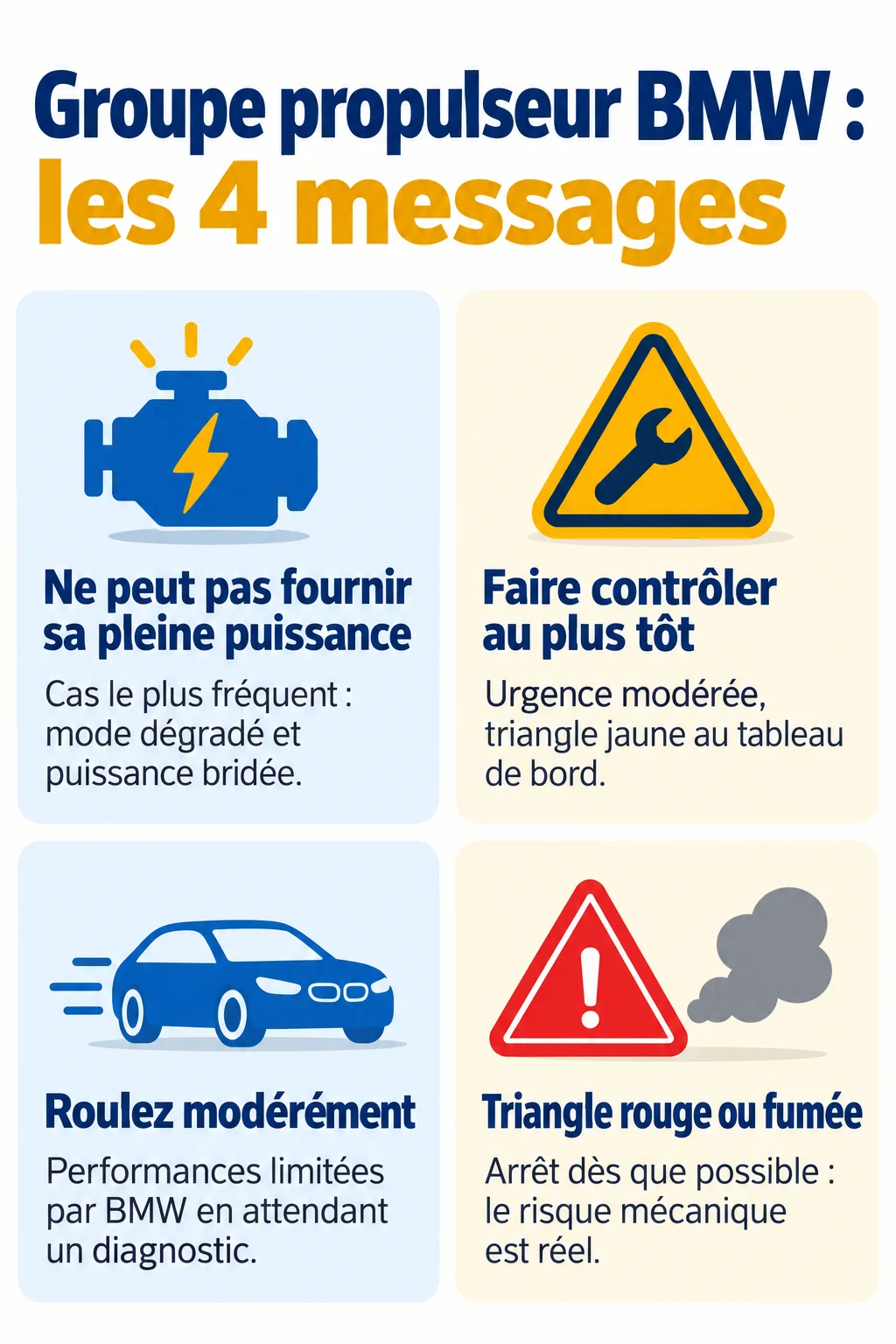 Groupe propulseur BMW : les 4 messages : Ne peut pas fournir sa pleine puissance, Faire contrôler au plus tôt, Roulez modérément, Triangle rouge ou fumée