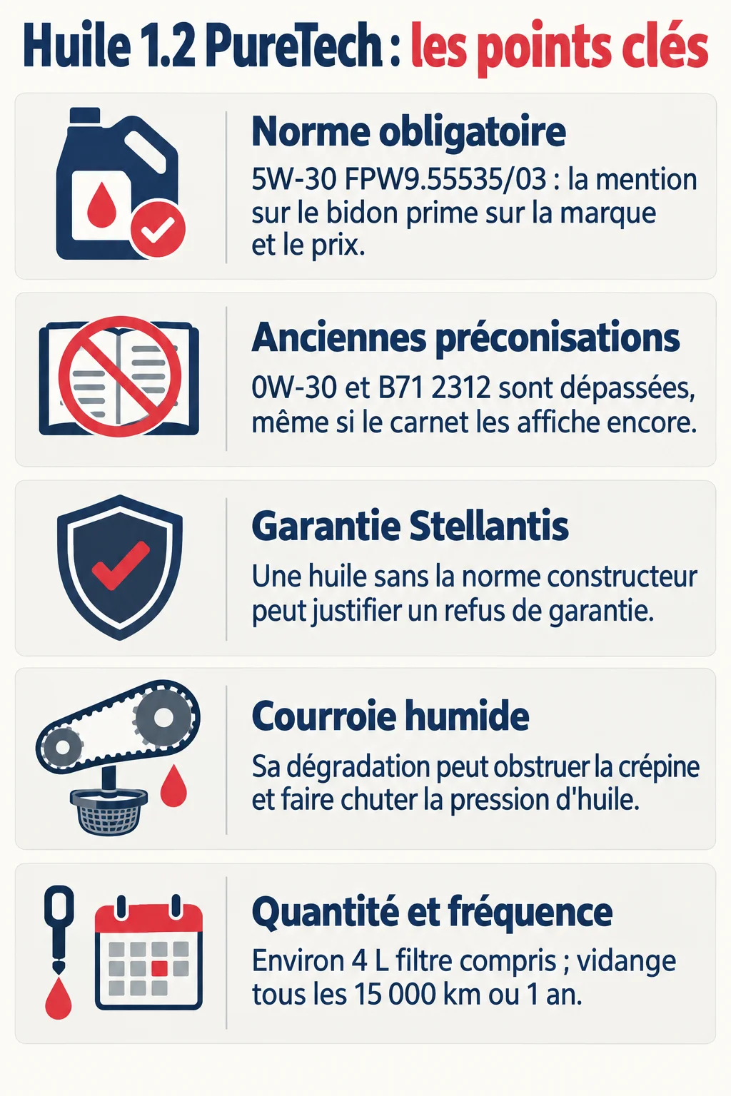 Huile 1.2 PureTech : les points clés : Norme obligatoire, Anciennes préconisations, Garantie Stellantis, Courroie humide, Quantité et fréquence