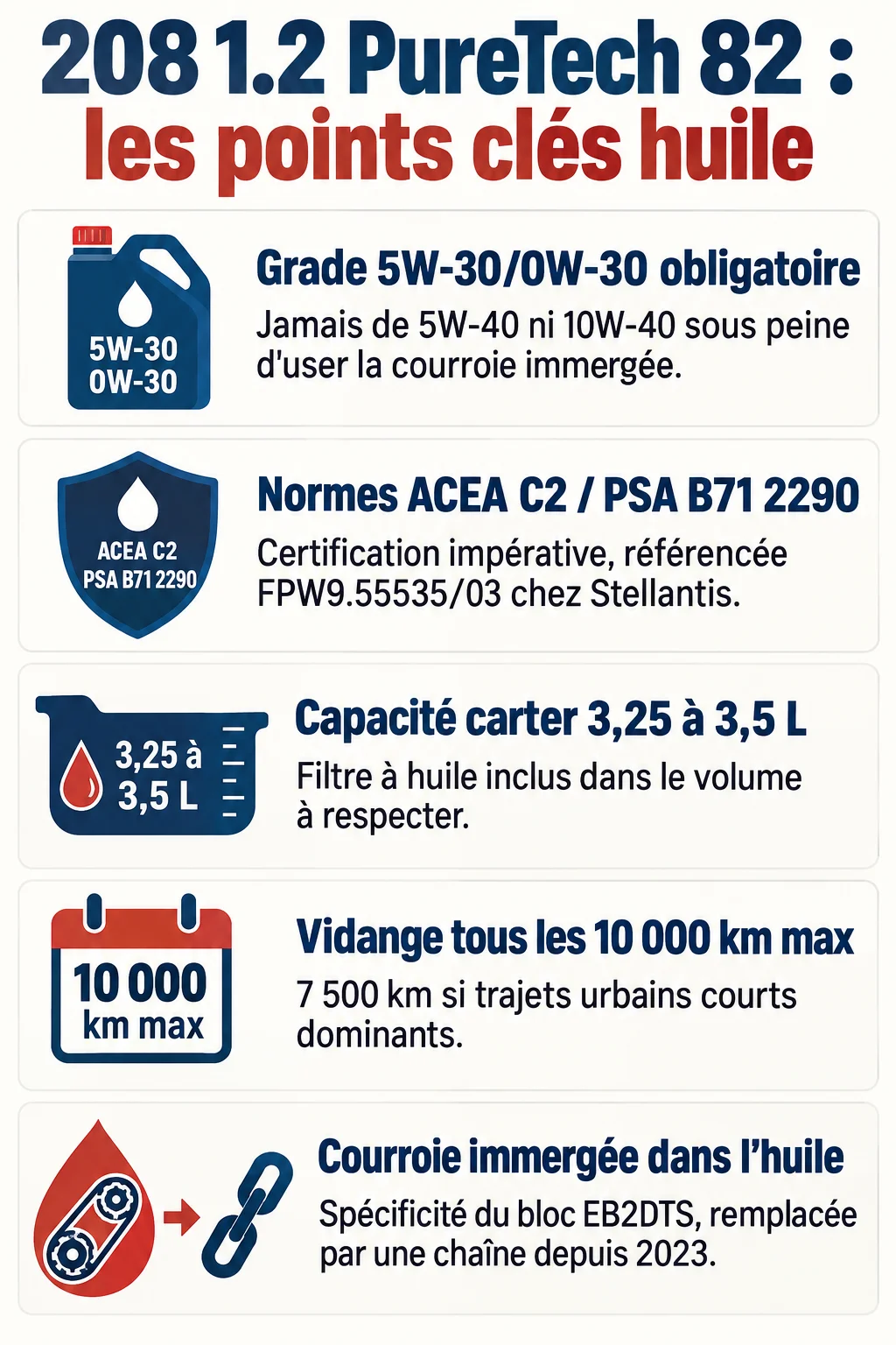 208 1.2 PureTech 82 : les points clés huile : Grade 5W-30/0W-30 obligatoire, Normes ACEA C2 / PSA B71 2290, Capacité carter 3,25 à 3,5 L, Vidange tous les 10 000 km max, Courroie immergée dans l'huile