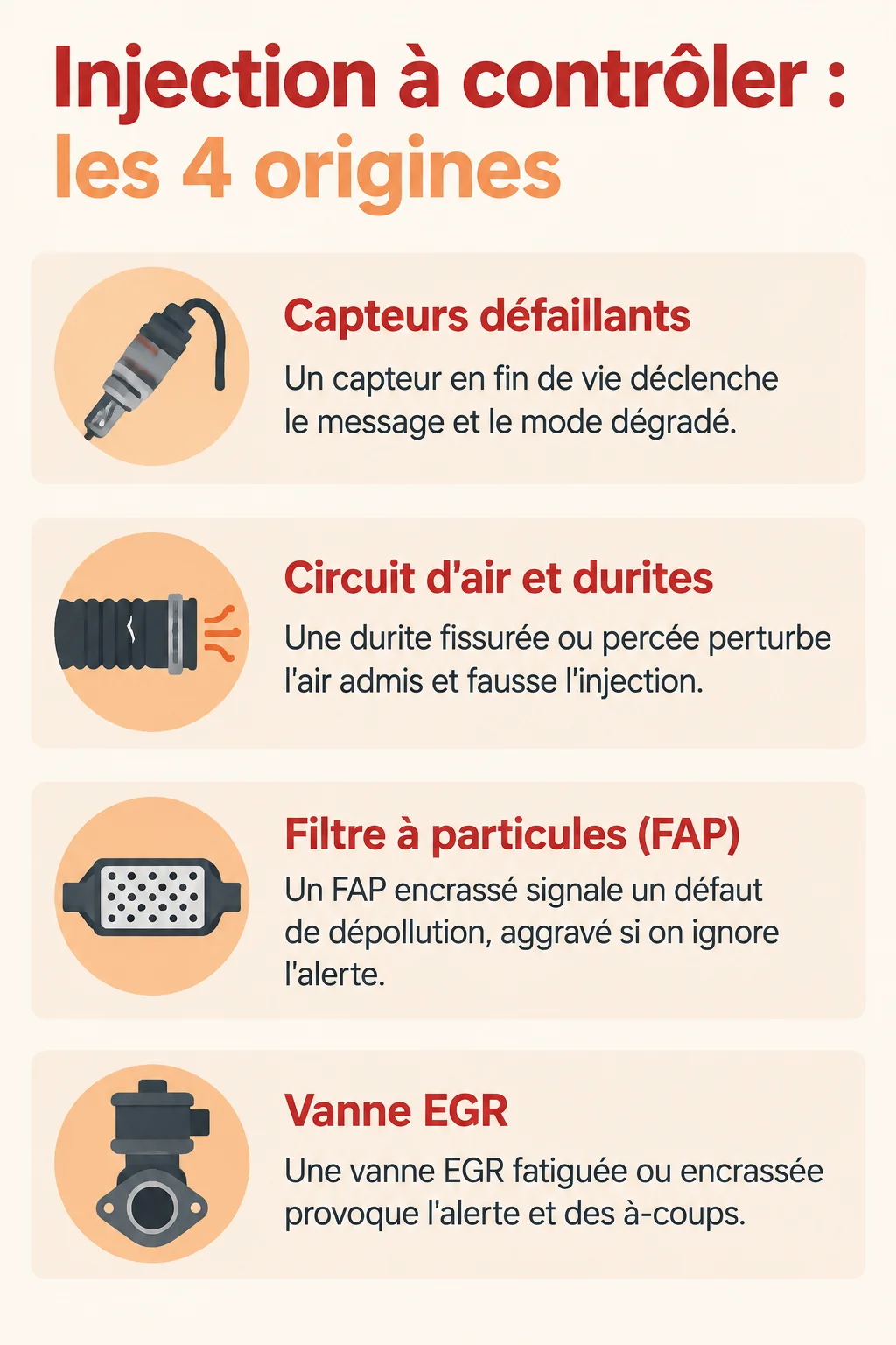 Injection à contrôler : les 4 origines : Capteurs défaillants, Circuit d'air et durites, Filtre à particules (FAP), Vanne EGR
