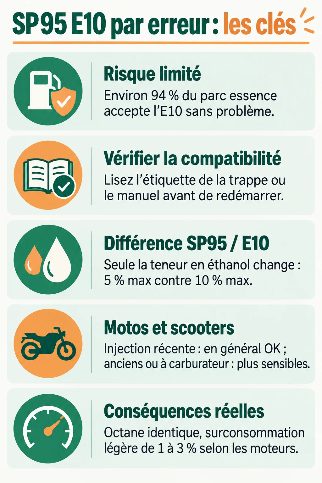 SP95 E10 par erreur : les clés : Risque limité, Vérifier la compatibilité, Différence SP95 / E10, Motos et scooters, Conséquences réelles