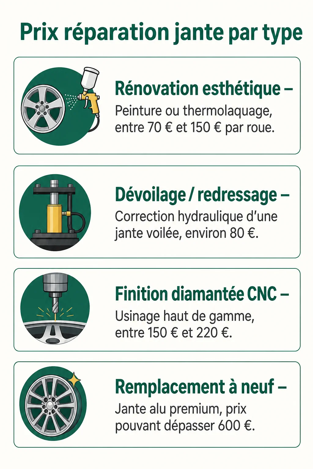 Prix réparation jante par type : Rénovation esthétique, Dévoilage / redressage, Finition diamantée CNC, Remplacement à neuf