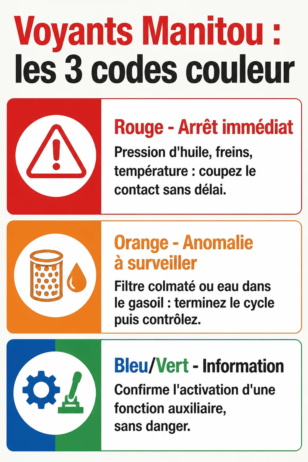Voyants Manitou : les 3 codes couleur : Rouge - Arrêt immédiat, Orange - Anomalie à surveiller, Bleu/Vert - Information