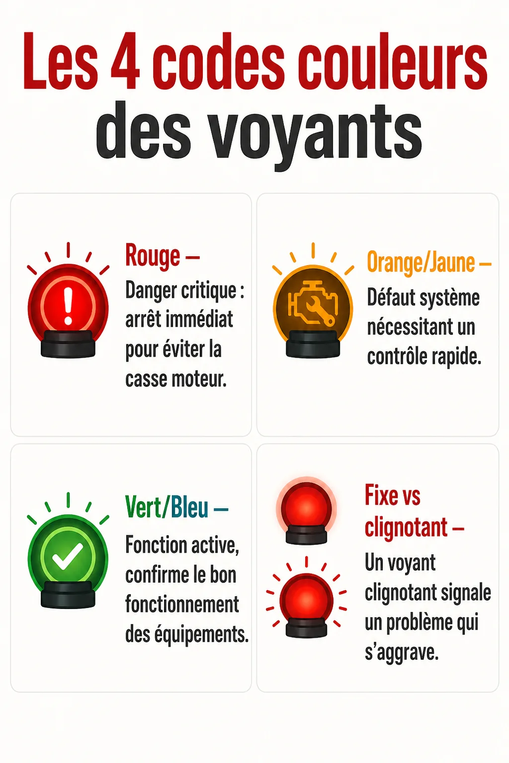 Les 4 codes couleurs des voyants : Rouge, Orange/Jaune, Vert/Bleu, Fixe vs clignotant