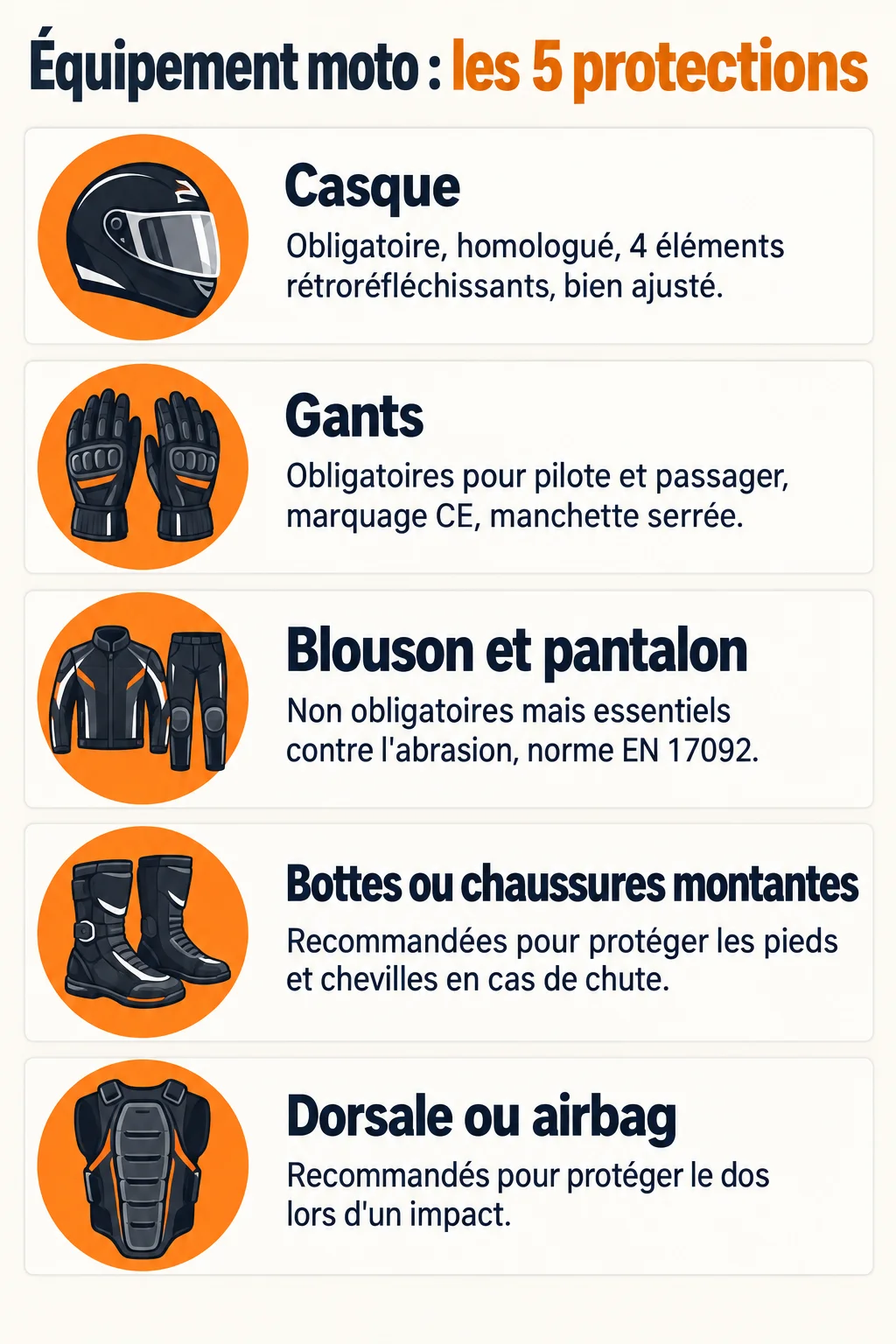 Équipement moto : les 5 protections : Casque, Gants, Blouson et pantalon, Bottes ou chaussures montantes, Dorsale ou airbag