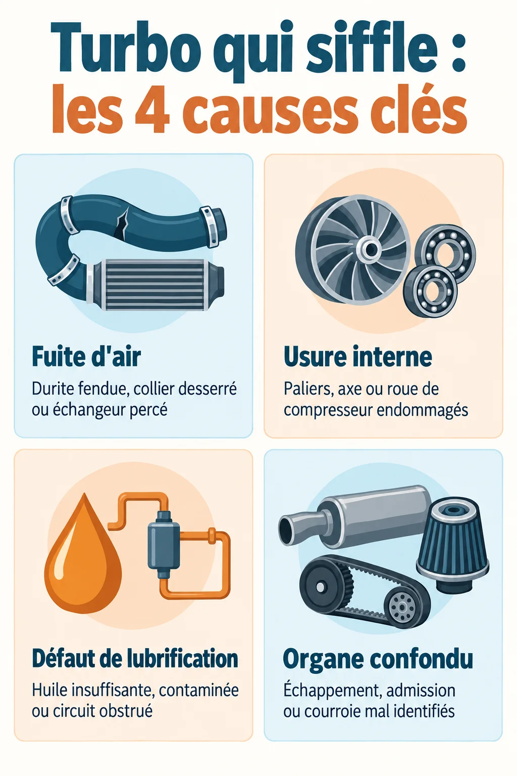 Turbo qui siffle : les 4 causes clés : Fuite d'air, Usure interne, Défaut de lubrification, Organe confondu