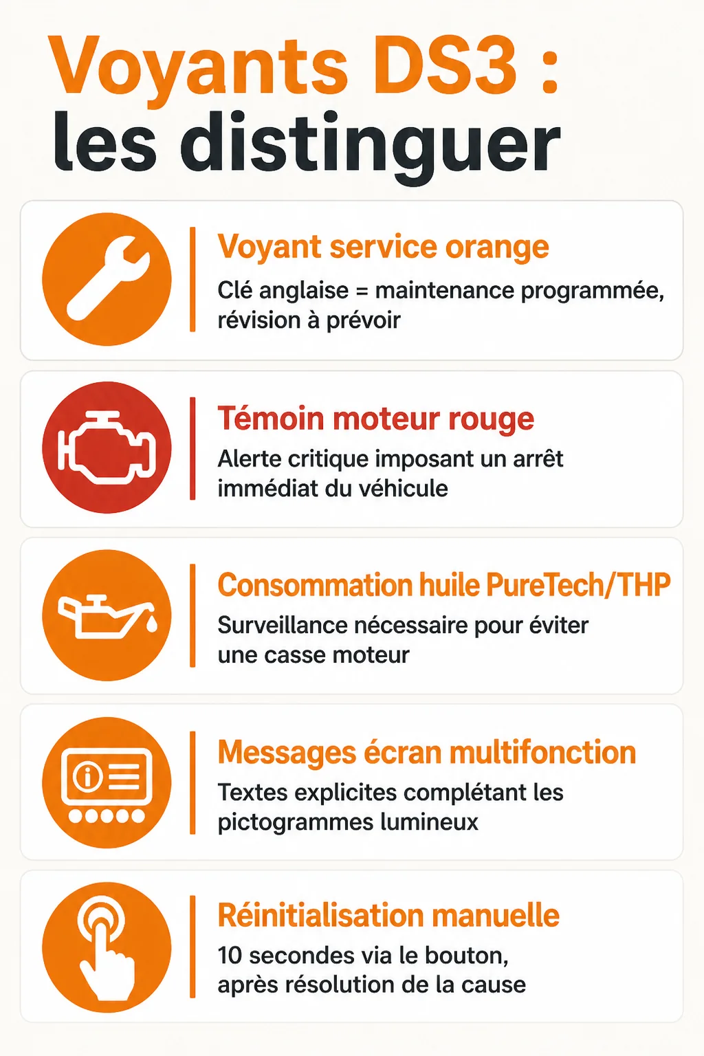 Voyants DS3 : les distinguer : Voyant service orange, Témoin moteur rouge, Consommation huile PureTech/THP, Messages écran multifonction, Réinitialisation manuelle