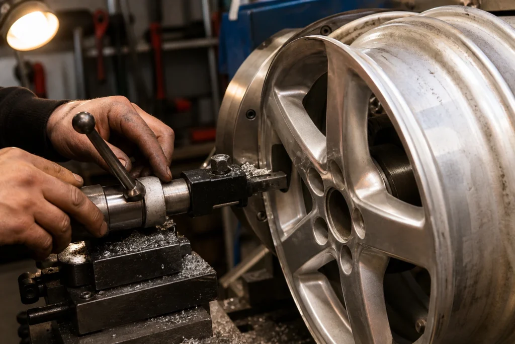 Réparation d'une jante en aluminium sur un tour spécialisé en atelier