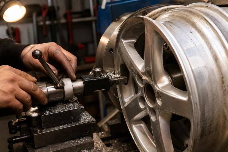 Réparation d'une jante en aluminium sur un tour spécialisé en atelier