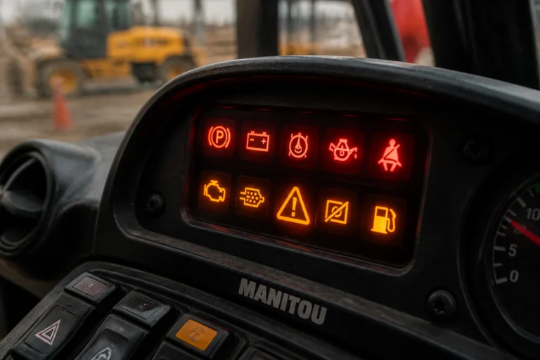 Voyants d'alerte rouge et orange sur le tableau de bord d'un engin Manitou