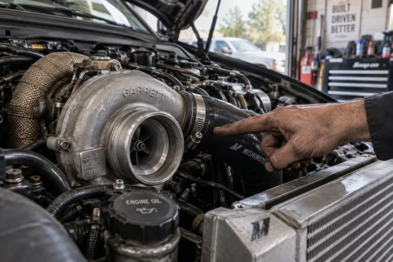 Mécanicien inspectant un turbocompresseur et ses durites dans un moteur pour diagnostiquer un sifflement
