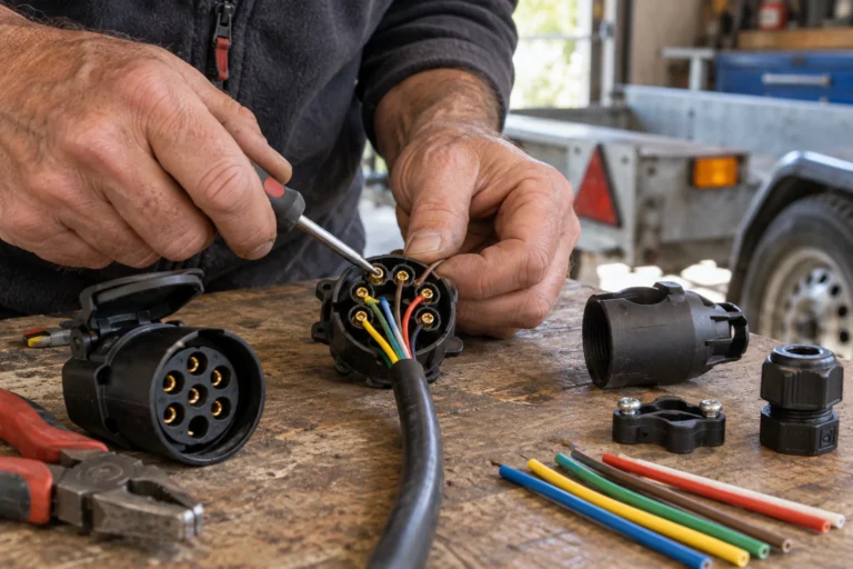 Mains câblant une fiche de prise remorque 7 broches ouverte sur un établi de garage