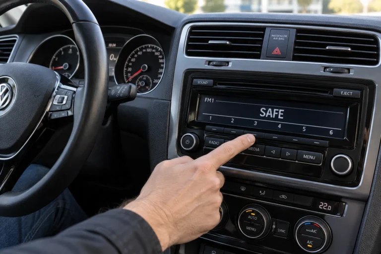Autoradio Volkswagen verrouillé affichant SAFE, main sur les touches de présélection