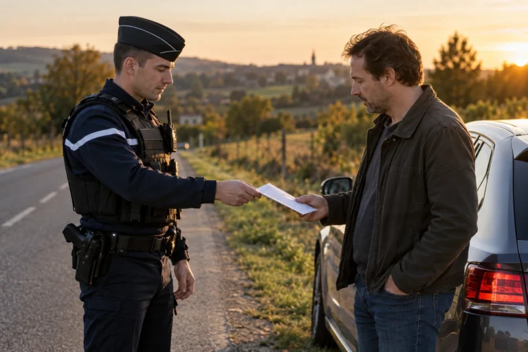 Contrôle routier : un gendarme remet un avis à un automobiliste au bord d'une route