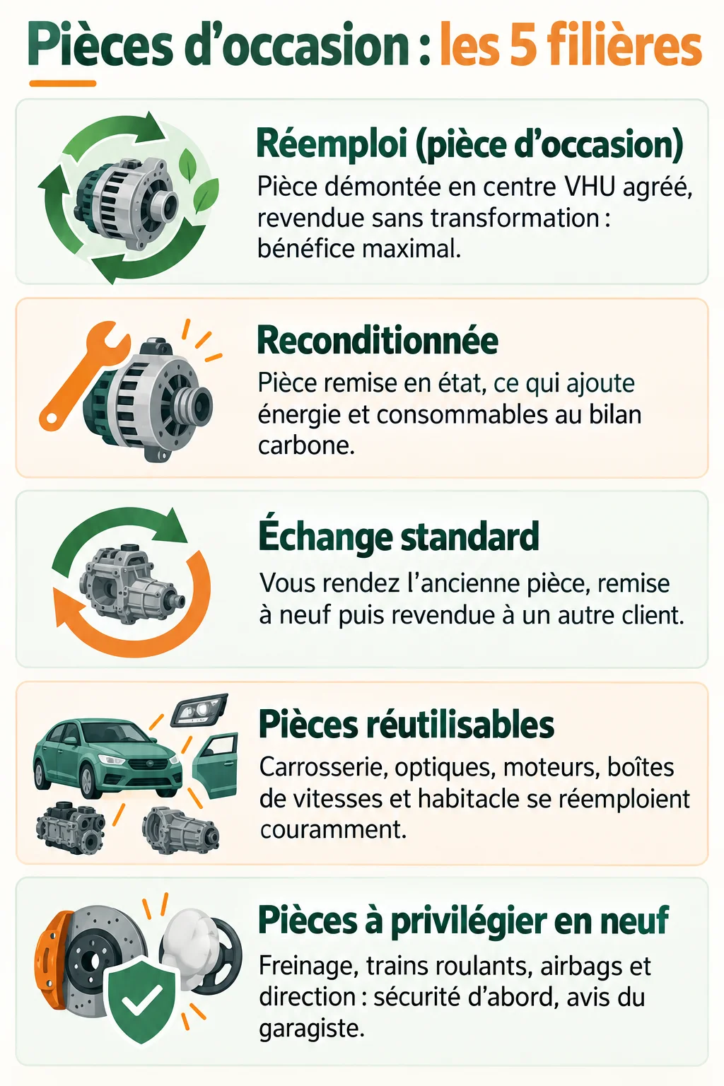 Pièces d'occasion : les 5 filières : Réemploi (pièce d'occasion), Reconditionnée, Échange standard, Pièces réutilisables, Pièces à privilégier en neuf