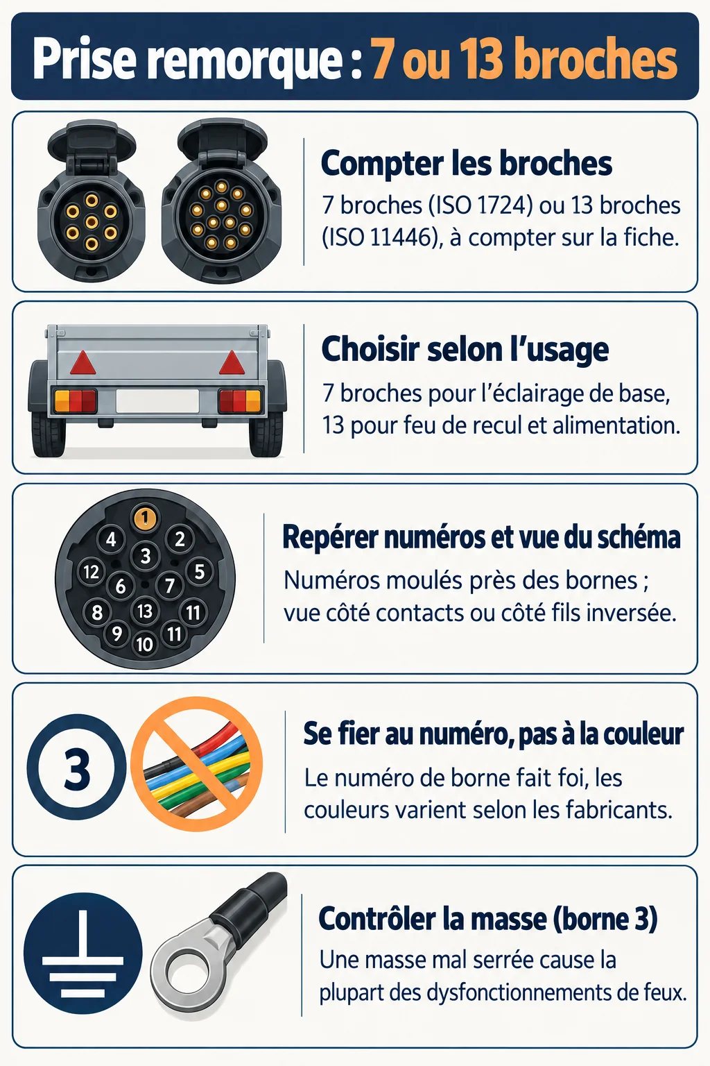 Prise remorque : 7 ou 13 broches : Compter les broches, Choisir selon l'usage, Repérer numéros et vue du schéma, Se fier au numéro, pas à la couleur, Contrôler la masse (borne 3)