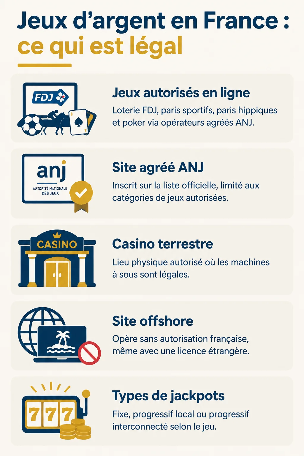 Jeux d'argent en France : ce qui est légal : Jeux autorisés en ligne, Site agréé ANJ, Casino terrestre, Site offshore, Types de jackpots