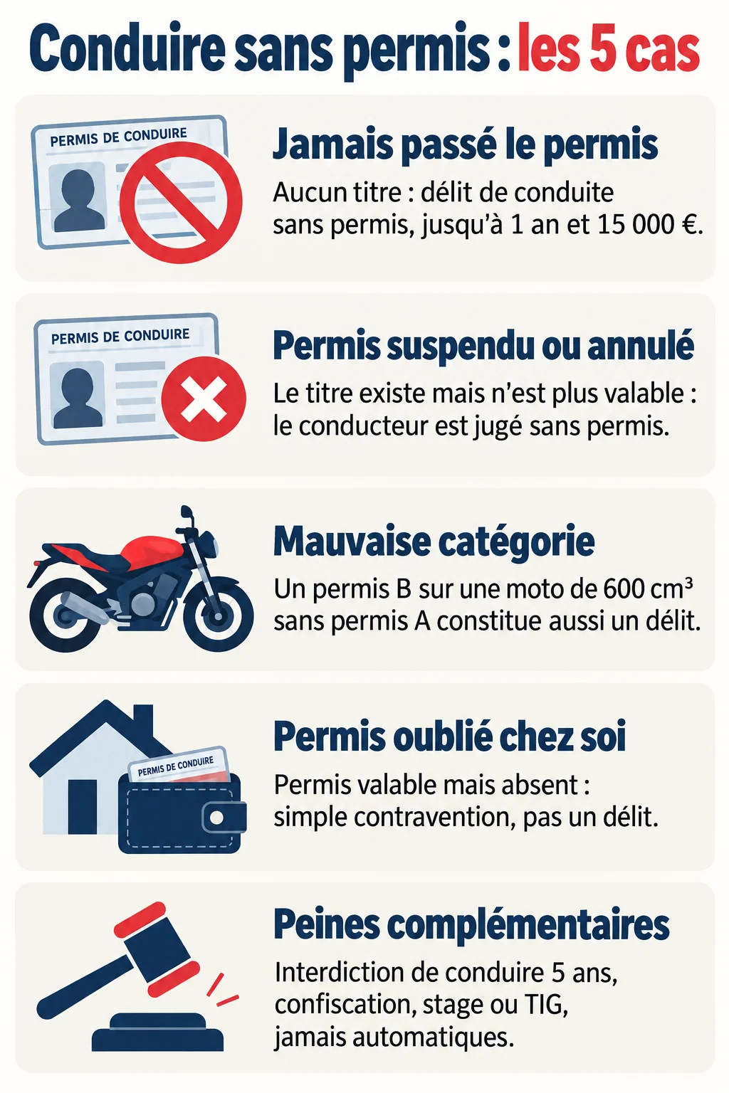 Conduire sans permis : les 5 cas : Jamais passé le permis, Permis suspendu ou annulé, Mauvaise catégorie, Permis oublié chez soi, Peines complémentaires