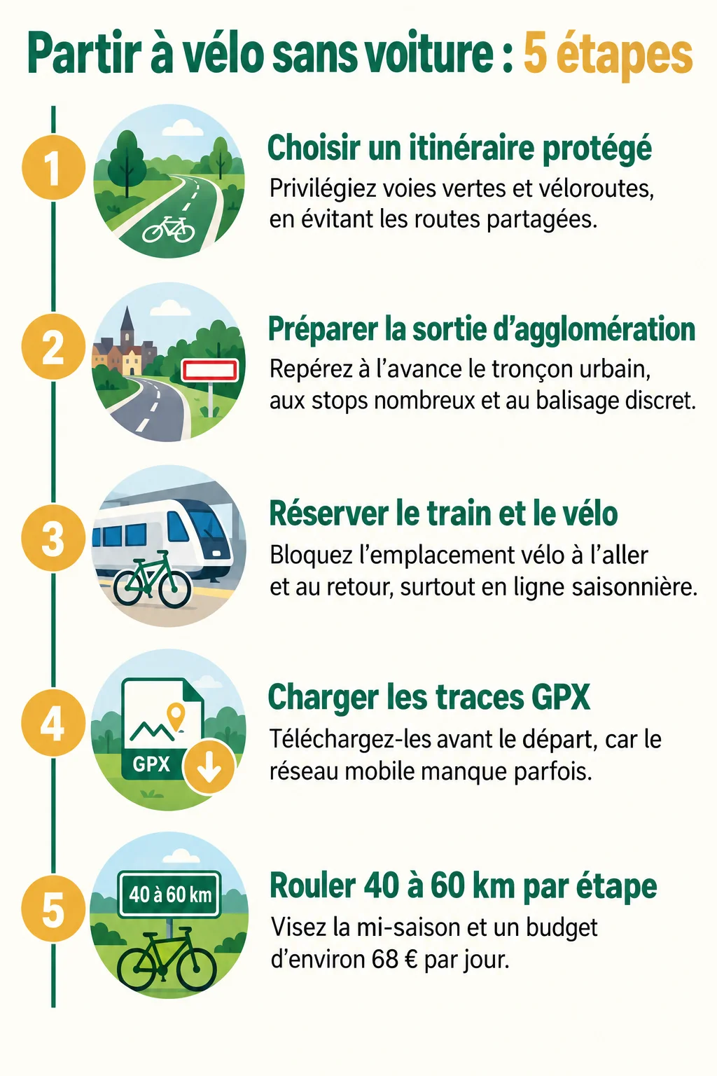 Partir à vélo sans voiture : 5 étapes : 1. Choisir un itinéraire protégé, 2. Préparer la sortie d'agglomération, 3. Réserver le train et le vélo, 4. Charger les traces GPX, 5. Rouler 40 à 60 km par étape